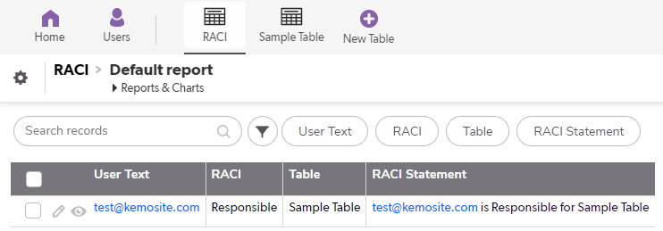A Quickbase Default displaying RACI Records.
