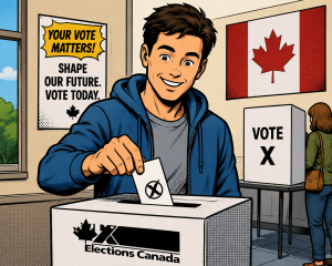 A man happily casting a ballot in a Canadian election.